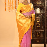 Pink And Yellow Silk Blend Kanjivaram Saree