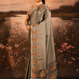 Grey With Checks And Embroidered Pallu Designer Saree