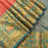 Vibrant Coral-Red Silk Saree With Contrast Teal Peacock Border