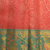 Vibrant Coral-Red Silk Saree With Contrast Teal Peacock Border