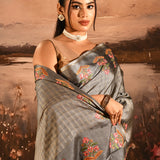 Grey With Checks And Embroidered Pallu Designer Saree