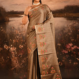 Beige Checks With Embroidered Floral Border Designer Saree