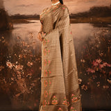 Beige Checks With Embroidered Floral Border Designer Saree