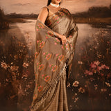 Beige Checks With Embroidered Floral Border Designer Saree