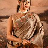Beige Checks With Embroidered Floral Border Designer Saree