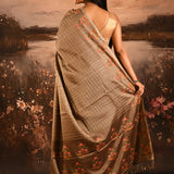Beige Checks With Embroidered Floral Border Designer Saree