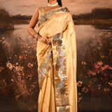 Golden Yellow With Buttis And Swan Highlighted Border Tissue Designer Saree