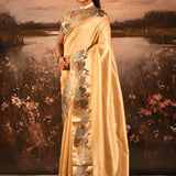 Golden Yellow With Buttis And Swan Highlighted Border Tissue Designer Saree
