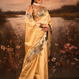 Golden Yellow With Buttis And Swan Highlighted Border Tissue Designer Saree