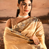 Golden Yellow With Buttis And Swan Highlighted Border Tissue Designer Saree