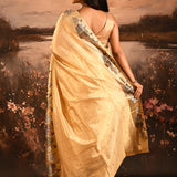 Golden Yellow With Buttis And Swan Highlighted Border Tissue Designer Saree