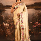 Shimmery Gold With Meenakari Floral Border Designer Tissue Saree