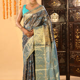 Peacock Lagoon Floral Brocade Kanjivaram Tissue Saree