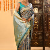 Peacock Lagoon Floral Brocade Kanjivaram Tissue Saree