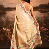 Shimmery Gold With Meenakari Floral Border Designer Tissue Saree