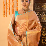 Peach Gold Contrast Tissue Kanjivaram Silk Saree