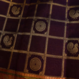 Royal Blue Silk Saree With Stylized Tree Motifs And Contrast Pink Border