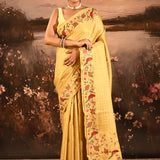 Honey Yellow With Checks And Floral, Birds Motif Border Designer Saree