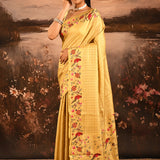 Honey Yellow With Checks And Floral, Birds Motif Border Designer Saree