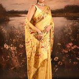 Honey Yellow With Checks And Floral, Birds Motif Border Designer Saree