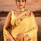 Honey Yellow With Checks And Floral, Birds Motif Border Designer Saree