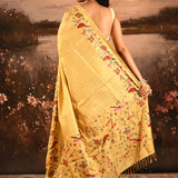 Honey Yellow With Checks And Floral, Birds Motif Border Designer Saree