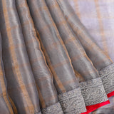 Grey Organza Saree With Gold Striped Weave & Hand Embroidered Sequin Border