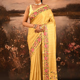 Golden Yellow Striped With Rose And Bird Motif Embroidered Border Designer Saree