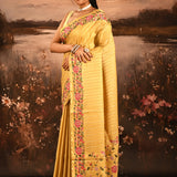 Golden Yellow Striped With Rose And Bird Motif Embroidered Border Designer Saree