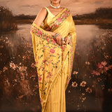 Golden Yellow Striped With Rose And Bird Motif Embroidered Border Designer Saree