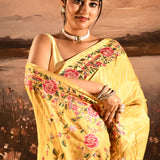 Golden Yellow Striped With Rose And Bird Motif Embroidered Border Designer Saree