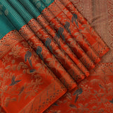 Teal Grid-Patterned Peacock Border Kanjivaram Silk Saree