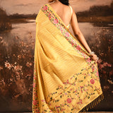 Golden Yellow Striped With Rose And Bird Motif Embroidered Border Designer Saree