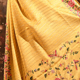Golden Yellow Striped With Rose And Bird Motif Embroidered Border Designer Saree
