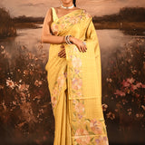 Golden Yellow Checkered With Multicolor Floral Motif Border Designer Saree