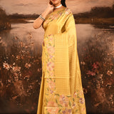 Golden Yellow Checkered With Multicolor Floral Motif Border Designer Saree