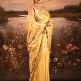 Golden Yellow Checkered With Multicolor Floral Motif Border Designer Saree