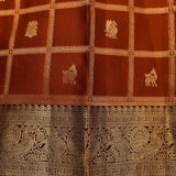 Regal Brown Kanjivaram Silk Saree With Animal Motif Checks
