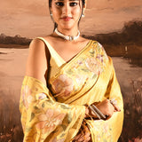 Golden Yellow Checkered With Multicolor Floral Motif Border Designer Saree