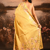 Golden Yellow Checkered With Multicolor Floral Motif Border Designer Saree