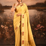 Golden Yellow Dotted Weave With Floral Leaf Border Designer Saree