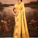 Golden Yellow Dotted Weave With Floral Leaf Border Designer Saree