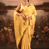 Golden Yellow Dotted Weave With Floral Leaf Border Designer Saree