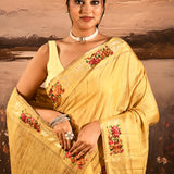 Golden Yellow Dotted Weave With Floral Leaf Border Designer Saree