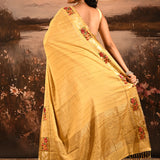 Golden Yellow Dotted Weave With Floral Leaf Border Designer Saree