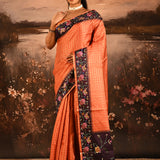 Coral Orange With Checks And Floral Border Embroidery Designer Saree