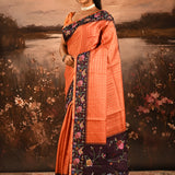 Coral Orange With Checks And Floral Border Embroidery Designer Saree