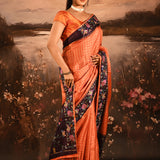 Coral Orange With Checks And Floral Border Embroidery Designer Saree