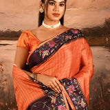 Coral Orange With Checks And Floral Border Embroidery Designer Saree
