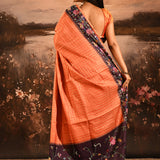 Coral Orange With Checks And Floral Border Embroidery Designer Saree